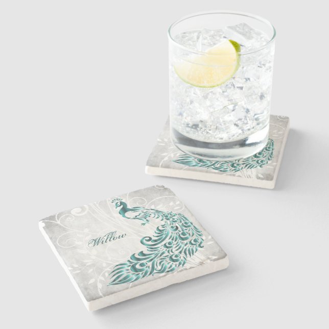 Aquamariner Peacock Personalisiert Stone Untersetz Steinuntersetzer (Seitenansicht)