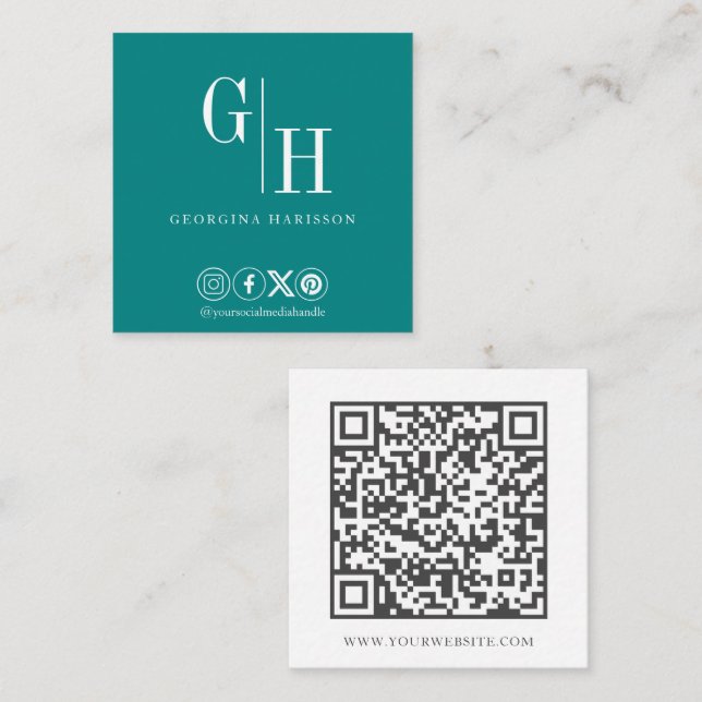 Aquamariner QR-Code für Monogram-Logos Quadratische Visitenkarte (Vorne/Hinten)