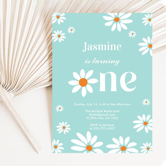 Aquamariner Retro Groovy Daisy Florals 1. Geburtst Einladung (Light Teal Retro Groovy Daisy Florals 1st Birthday Invitation)