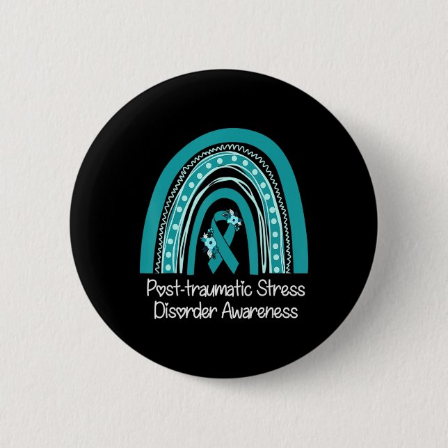 Aquamariner Ribbon-Regenbogen-Krieger Ptsd-Bewusst Button (Vorderseite)