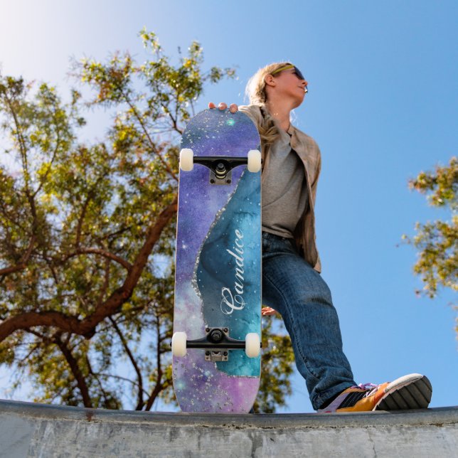 Aquamariner rosa Lavendel und Silberner Glitzer Pe Skateboard (Außen 1)