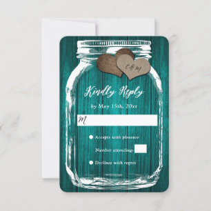 Aquamariner rustikaler Holzmason Jar Two Hearts We RSVP Karte