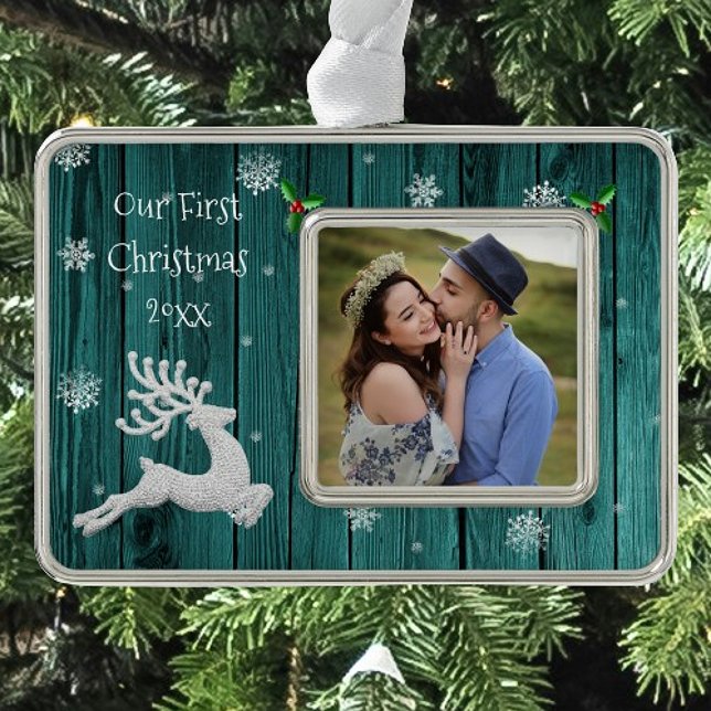 Aquamariner Rustikaler Weihnachtsmann Gerahmt Erst Rahmen-Ornament Silber (Teal Rustic Christmas Reindeer Framed First Christmas Ornament)