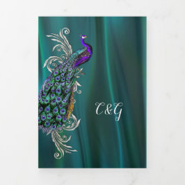 Aquamariner Satin-Look mit Peacock-Hochzeit Dreifach Gefaltete Einladung