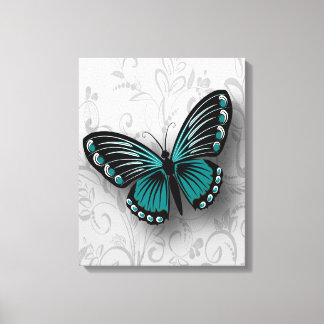 Aquamariner Schmetterling auf grauer Flora Leinwanddruck