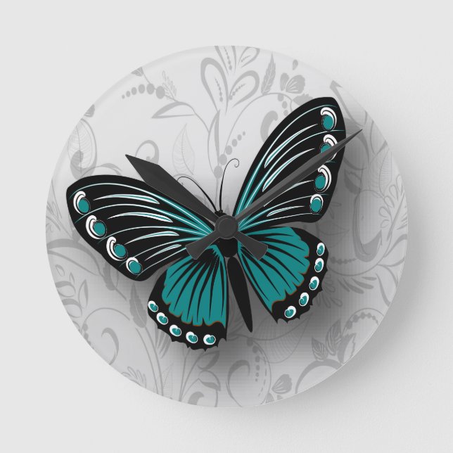 Aquamariner Schmetterling auf grauer Flora Runde Wanduhr (Vorderseite)