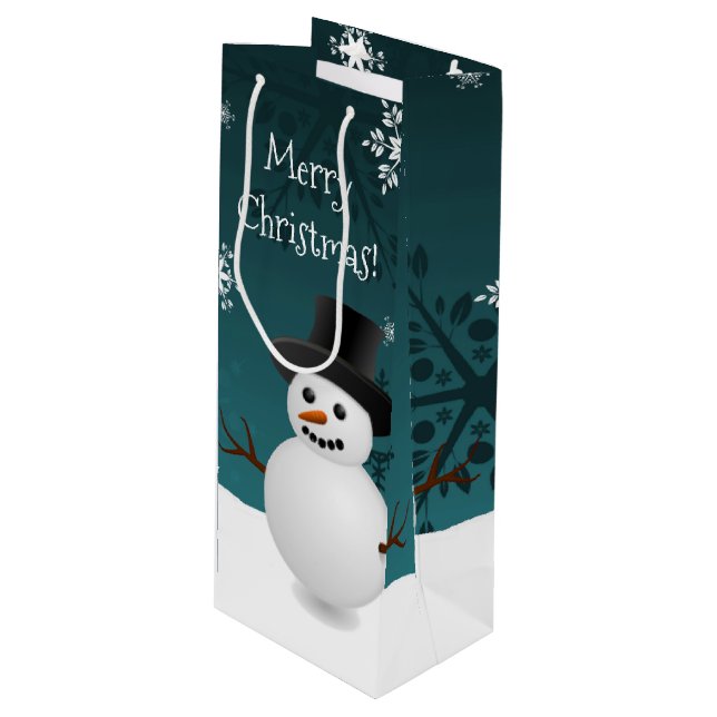 Aquamariner Schneemann Winter Szene Weihnachtswein Geschenktüte Für Weinflaschen (Vorderseite Schrägansicht)