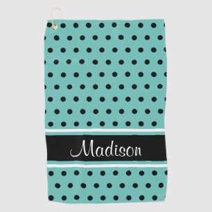 Aquamariner schwarzer Polka-Dot-Strip-Skriptname Golfhandtuch