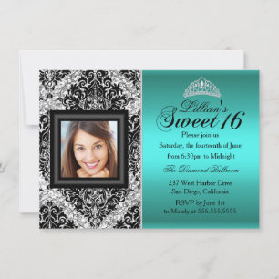 Aquamariner Silber Glitzer Damask Foto Sweet 16 Einladung