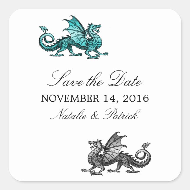 Aquamariner Silberdrache Save the Date Stickers (Vorderseite)