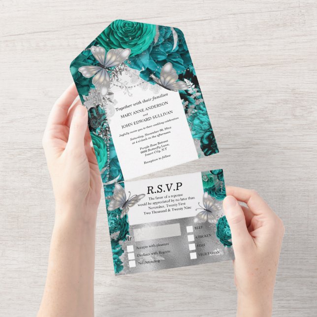 Aquamariner Silberschmetterling Glitzer Rose All In One Einladung (Abreißen)