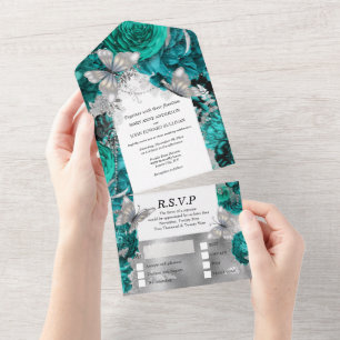 Aquamariner Silberschmetterling Glitzer Rose   All In One Einladung