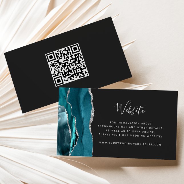 Aquamariner Silver Agate Dark Wedding QR Code Begleitkarte (Von Creator hochgeladen)
