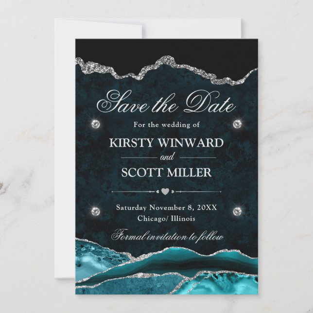 Aquamariner Silver Glitzer Marbour Agate Save the  Date (Vorderseite)
