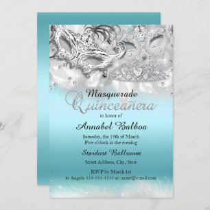 Aquamariner Silver Sparkle Masquerade Quinceanera  Einladung