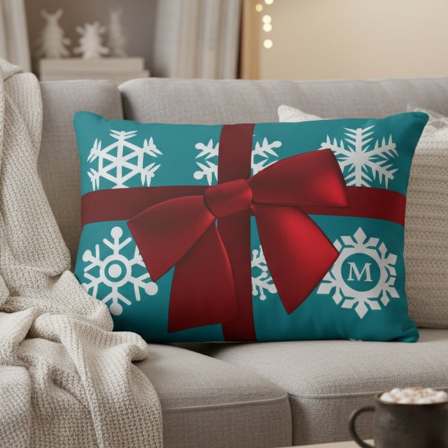 Aquamariner Snowflake Monogram Red Bow Weihnachtsf Zierkissen (This personalized pillow adds a touch of elegant charm and warmth to any space.)