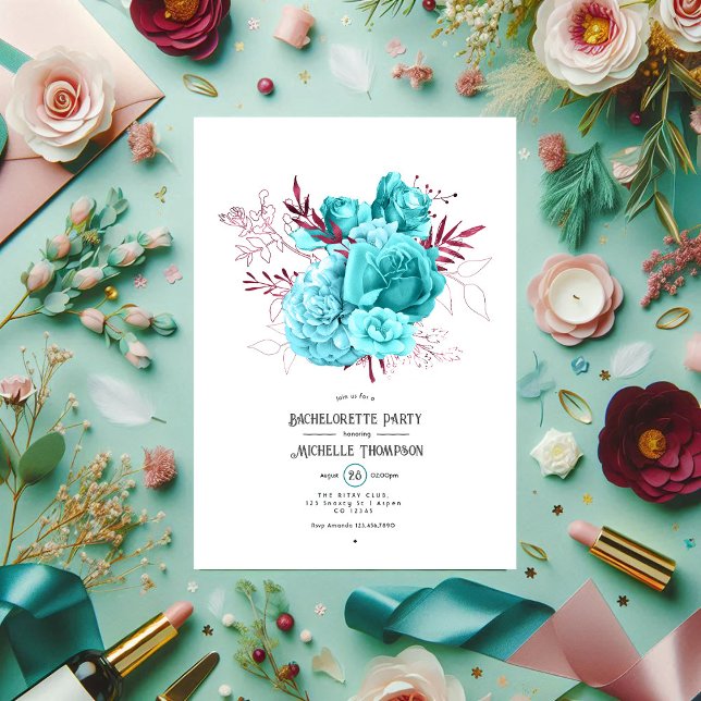 Aquamariner und burgundischer Junggeselinnen-Absch Einladung (Teal and Burgundy Floral Bachelorette Party Invitation)
