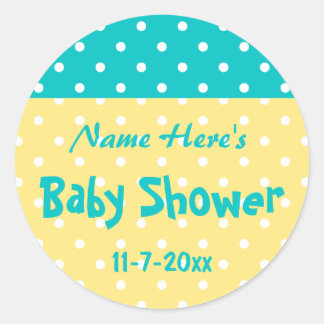 Aquamariner und gelber Polka-Dot, Babydusche Runder Aufkleber