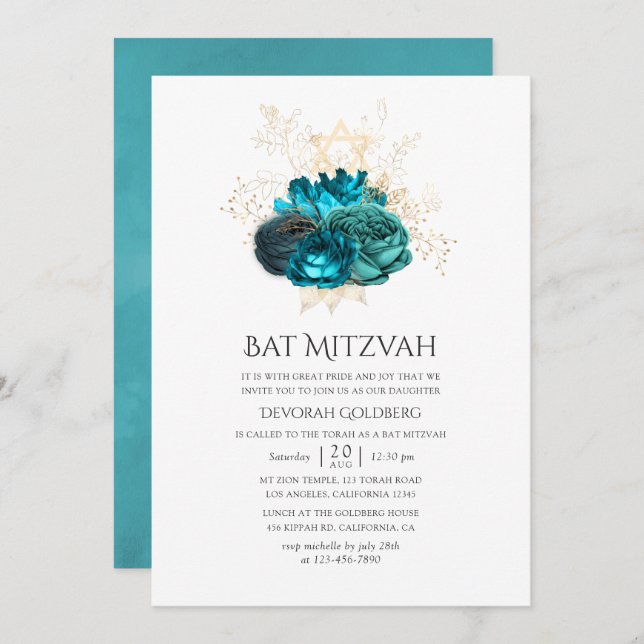 Aquamariner und goldener Bat Mitzvah Einladung (Vorne/Hinten)