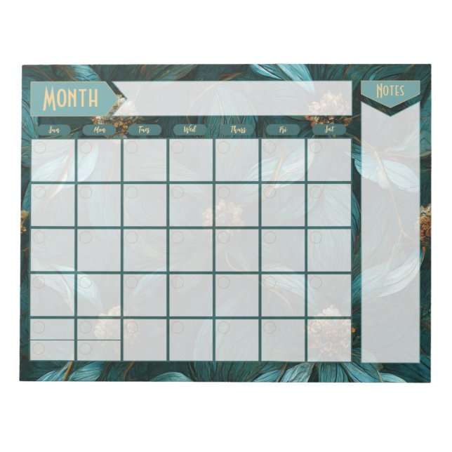 Aquamariner und goldener Blumenkalender Notizblock (Vorderseite)