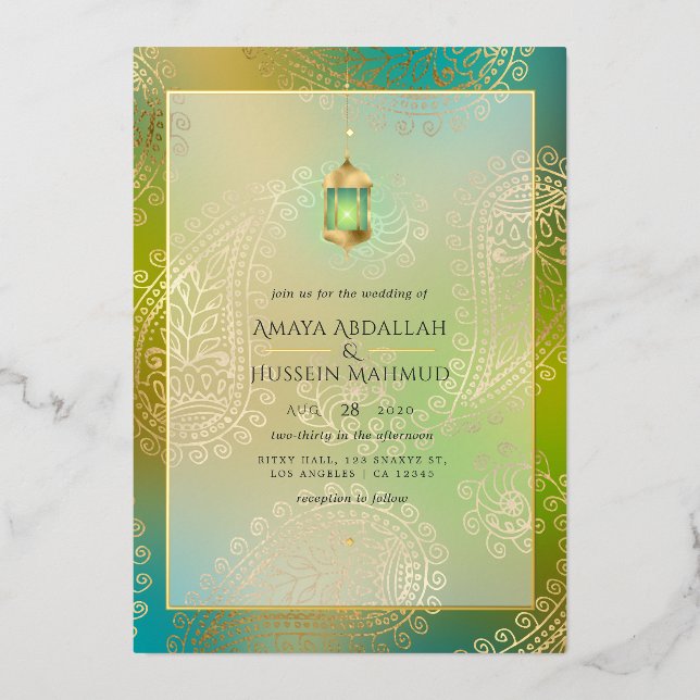 Aquamariner und goldener Foil Arabian Wedding Foil Folieneinladung (Vorderseite)