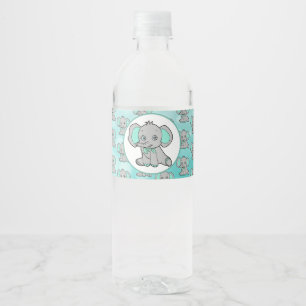 Aquamariner und grauer Elefant-themed Baby-Dusche Wasserflaschenetikett