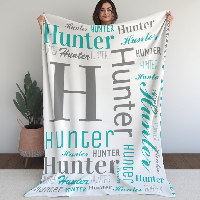 Aquamariner und grauer Name und Monogram Cloud Wor Fleecedecke (Teal and Gray Name and Monogram Cloud Word Art Fleece Blanket)