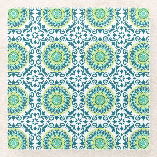 Aquamariner und grüner Boho-Stil Glasuntersetzer (Vorderseite)