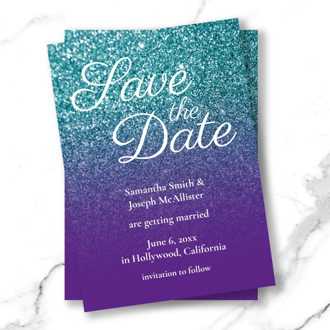 Aquamariner und Lila Ombre-Glitzer Save the Date Einladung (Teal and Purple Ombre Glitter Save the Date Invitation)