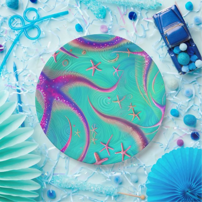 Aquamariner und Lila Starfish Beachy Pappteller (Party)