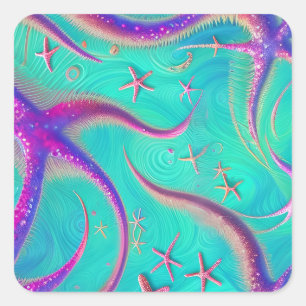 Aquamariner und Lila Starfish Beachy Quadratischer Aufkleber