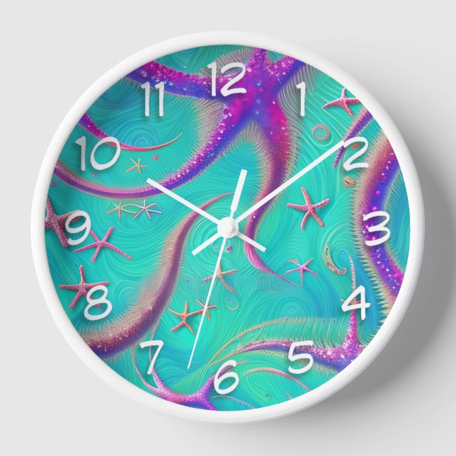 Aquamariner und Lila Strand von Starfish Themed Uhr (Vorderseite)