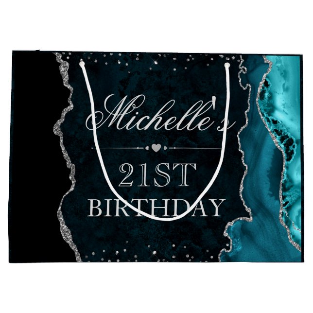 Aquamariner und silberer Glitzer Agate Geburtstag Große Geschenktüte (Rückseite)