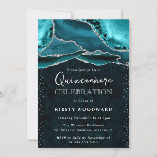 Aquamariner und Silberer Glitzer Agate Quinceanera Einladung