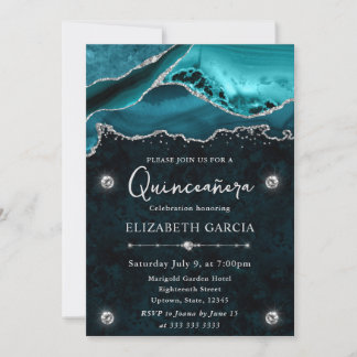 Aquamariner und Silberer Glitzer Agate Quinceanera Einladung