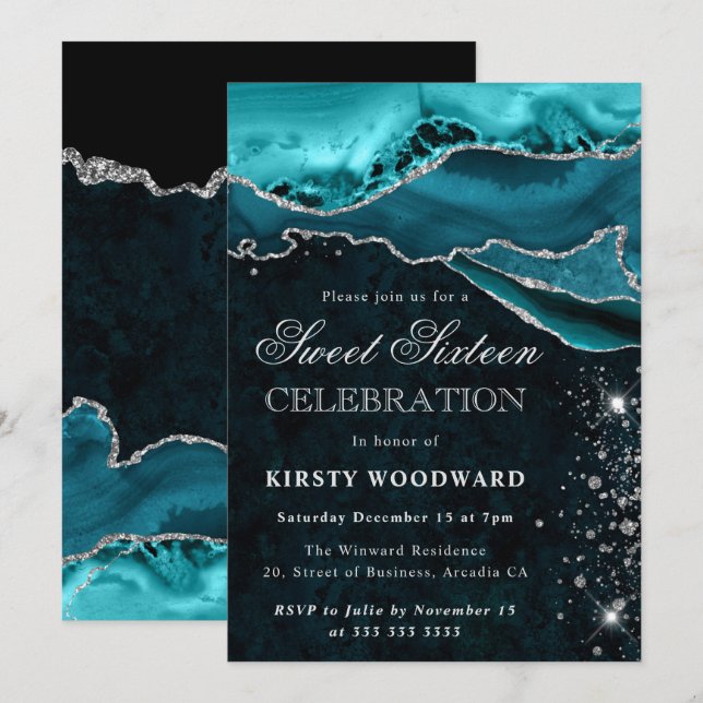 Aquamariner und silberer Glitzer Agate Sweet 16 Einladung (Vorne/Hinten)