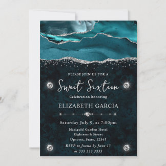 Aquamariner und silberer Glitzer Agate Sweet 16 Einladung