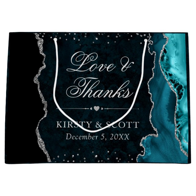 Aquamariner und Silberner Glitzer Agate Wedding Große Geschenktüte (Vorderseite)