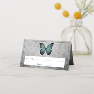 Aquamariner Vintager Schmetterling Damask Empfang Platzkarte
