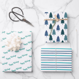 Aquamariner Weihnachtsbaum Glitzer Streifen Geschenkpapier Set