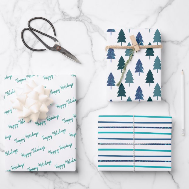 Aquamariner Weihnachtsbaum Glitzer Streifen Geschenkpapier Set (Vorderseite)