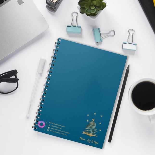 Aquamariner Weihnachtsbaum und Branding für Untern Notizblock (Teal Corporate Christmas Tree & Company Branding Notebook)