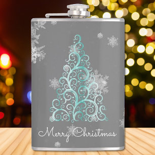 Aquamariner Weihnachtsbaum und Schneeflocken Flachmann