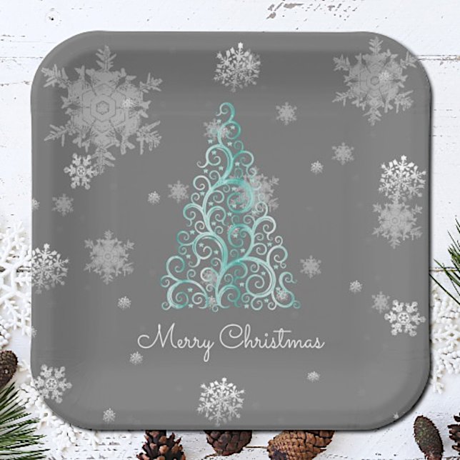 Aquamariner Weihnachtsbaum und Schneeflocken Pappteller (Teal Christmas Tree and Snowflakes Paper Plates)