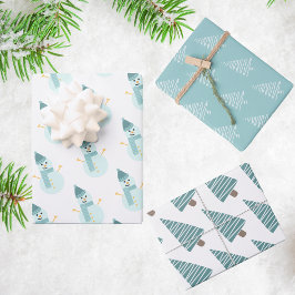 Aquamariner Weihnachtsschneemann und Bäume Geschenkpapier Set
