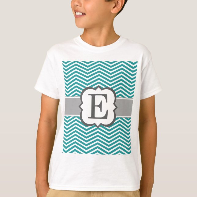 Aquamariner weißer Monogramm-Buchstabe E Zickzack T-Shirt (Vorderseite)