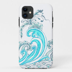 Aquamariner Wellen iPhone Fall mit Blumen 11 Hülle