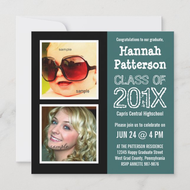 Aquamarines Abschluss-Party mit 2 Fotos Einladung (Vorderseite)