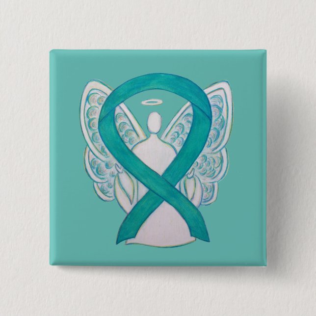 Aquamarines Angel-Bewusstsein Ribbon Art Custom La Button (Vorderseite)