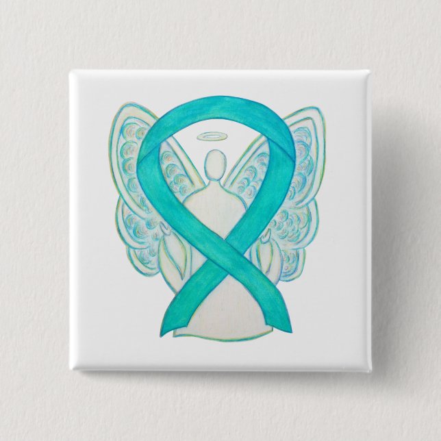Aquamarines Angel-Bewusstsein Ribbon Art Custom La Button (Vorderseite)